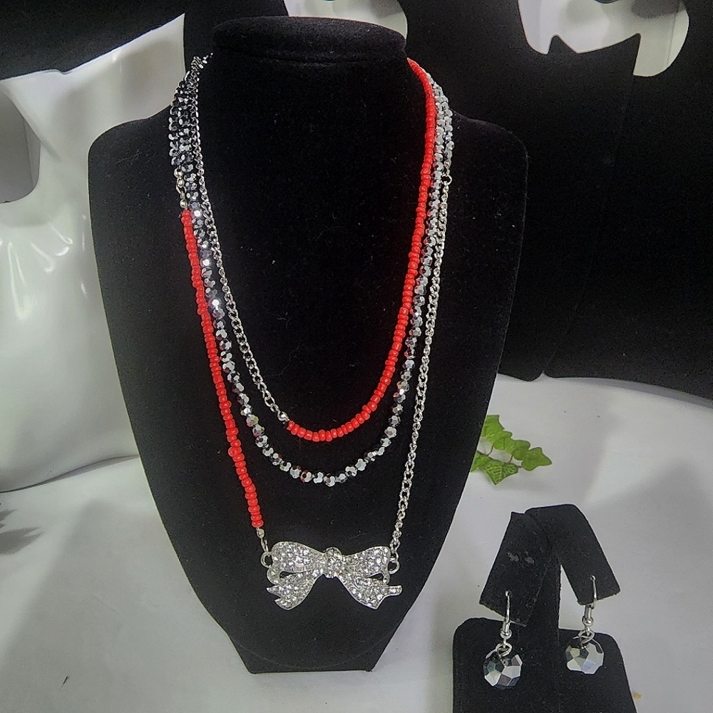Pretty 3 Strand with Crystal Bow Necklace Earrings Set